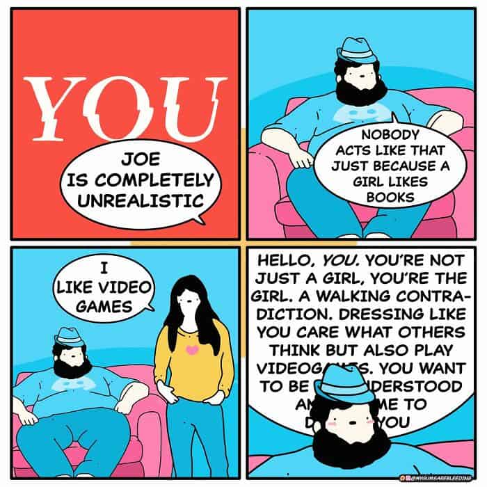 A dark humor comic parodying the show You, where a neckbeard gamer monologues internally about a girl who likes video games.