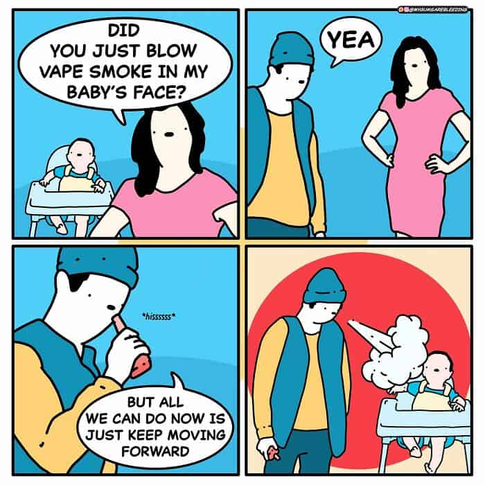 A dark humor comic by MyGumsAreBleeding where a man blows vape smoke in a baby's face and then dramatically walks away like an anime protagonist.