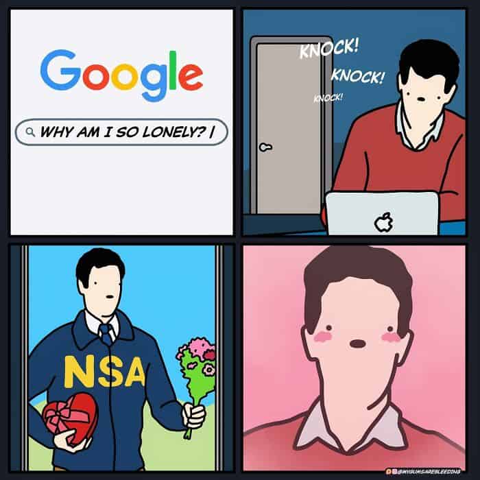 A dark humor comic showing a lonely man searching Google for answers, only for an NSA agent to show up at his door with flowers.