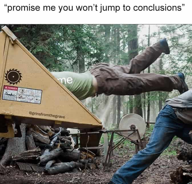 Meme showing a man diving headfirst into a wood chipper labeled with the word me.