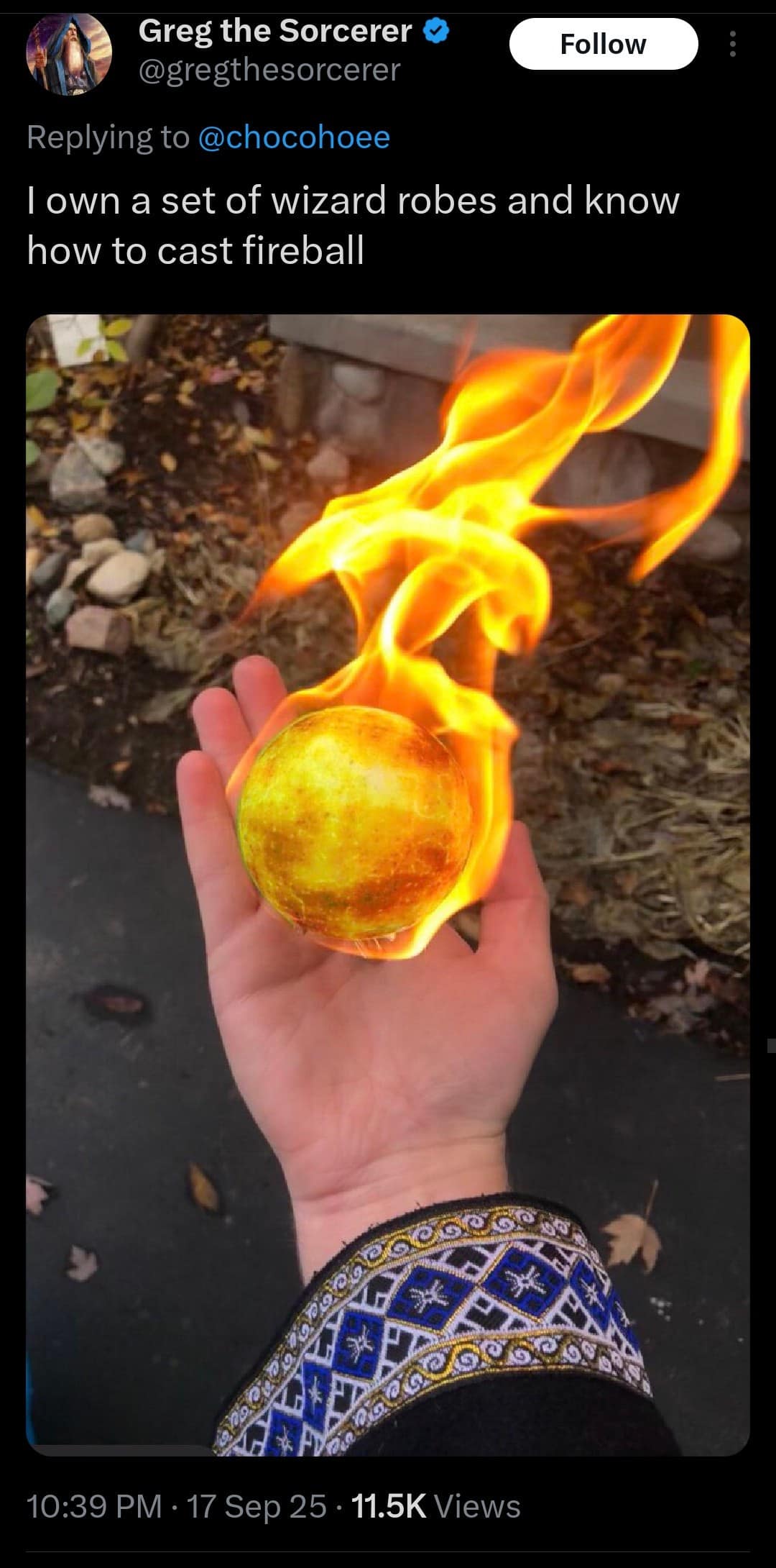 A d&d meme tweet from a sorcerer showing off a realistic hand-held ball of fire to prove they know the fireball spell.