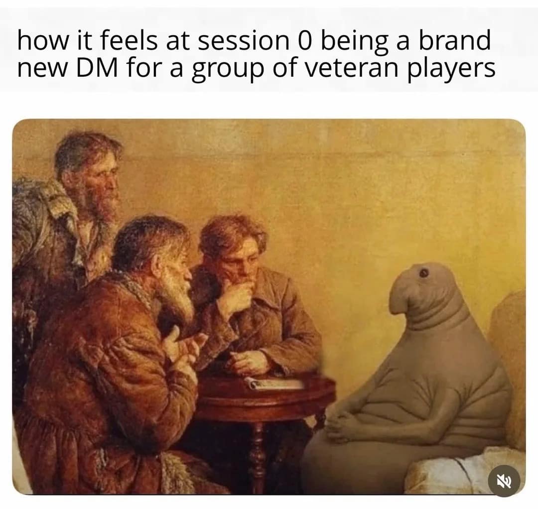 A d&d meme using the Wosh statue sitting with serious painted figures to depict the awkward feeling of a brand new DM running a Session 0 for veteran players.