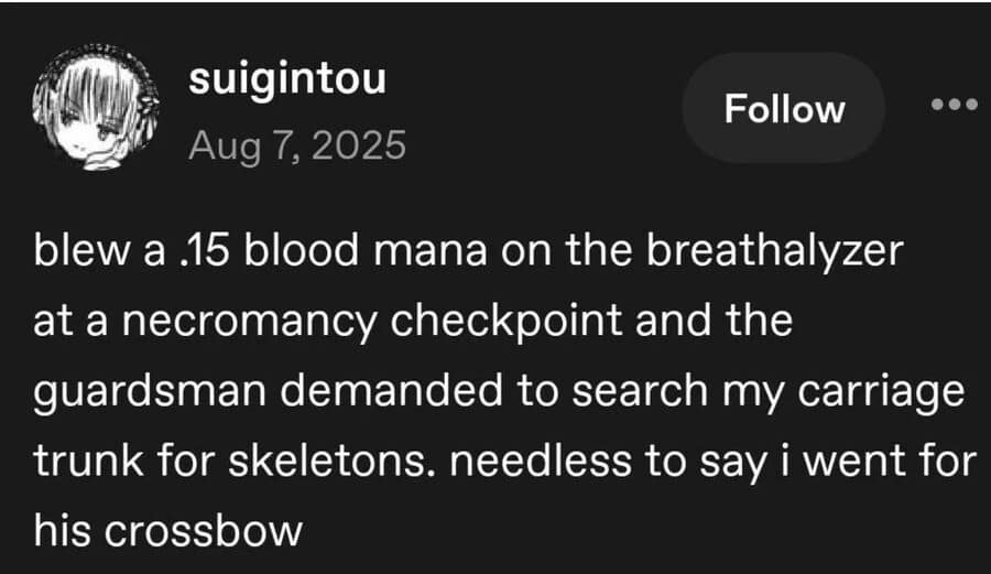 A chaotic d&d meme text post about blowing a .15 blood mana at a necromancy checkpoint and attacking the guardsman for searching the carriage trunk.