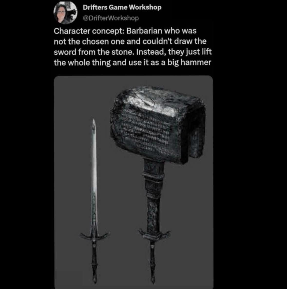 A creative d&d meme character concept for a Barbarian who could not draw the sword from the stone so he just uses the entire rock as a hammer.