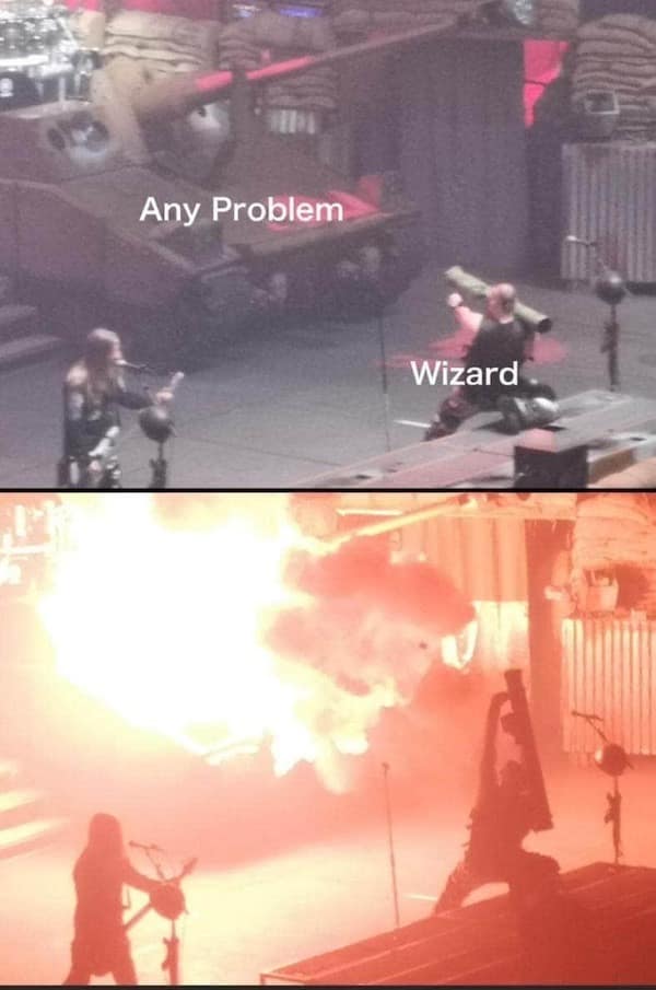A d&d meme comparing a wizard solving a minor problem to a soldier firing a rocket launcher at point-blank range.