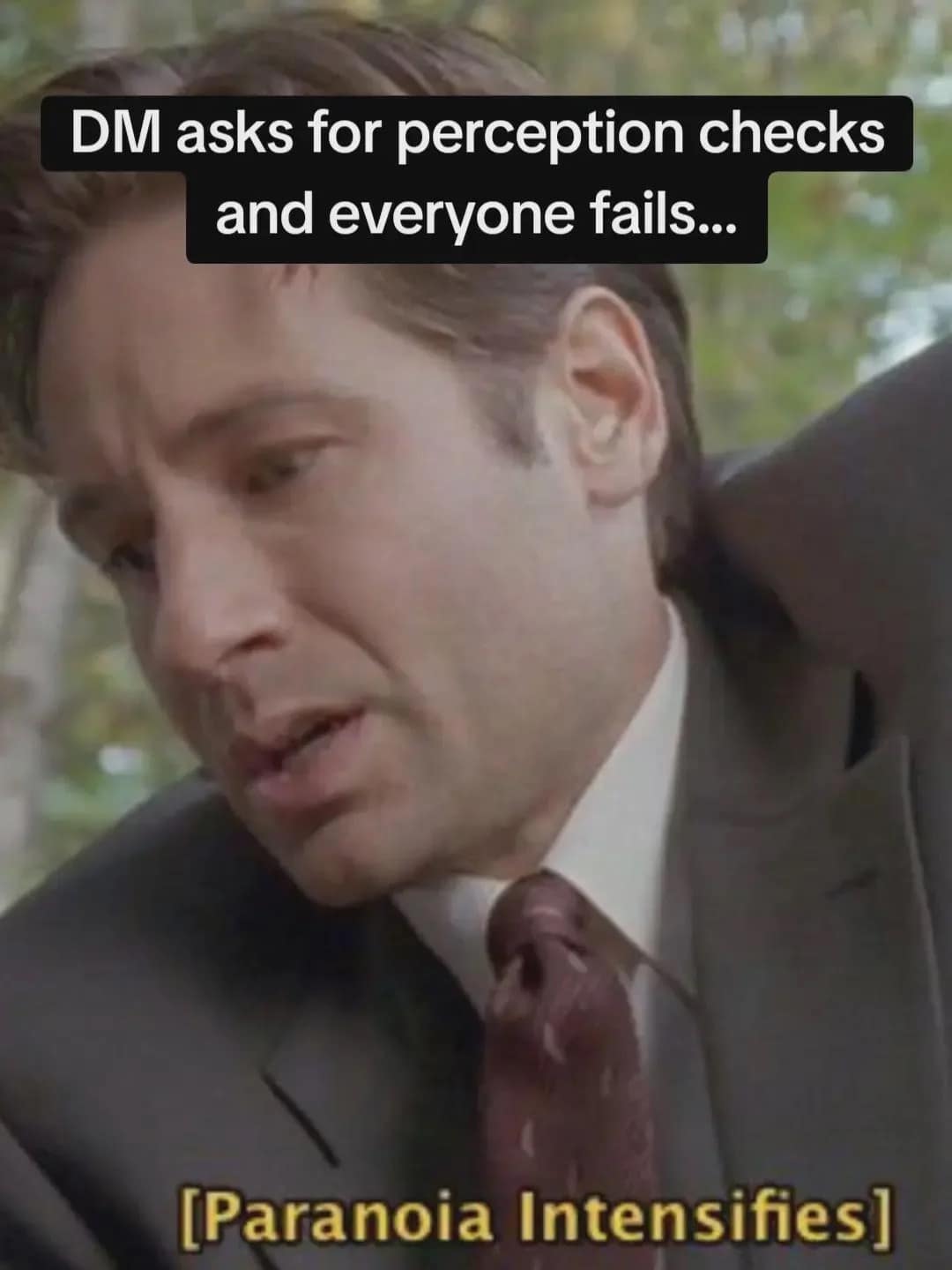 A d&d meme using a worried Fox Mulder from The X-Files to illustrate the paranoia when a DM asks for perception checks and everyone fails.