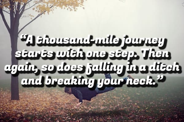 A man falling through the air towards a field with a demotivational quote about breaking your neck.