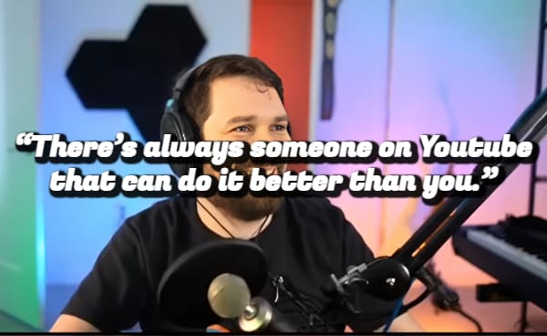 A man wearing a headset and smiling at a computer with a demotivational quote about YouTube experts.