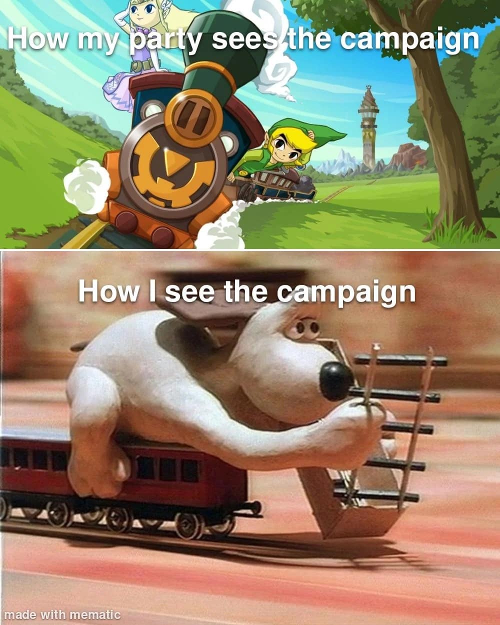Zelda train compared to Wallace and Gromit frantically laying tracks. Relatable dnd meme about chaotic campaign planning.