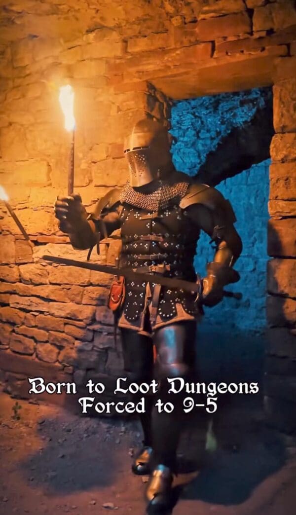 Funny Dnd meme with with a knight saying "born to loot dungeons, forced to 9-5"