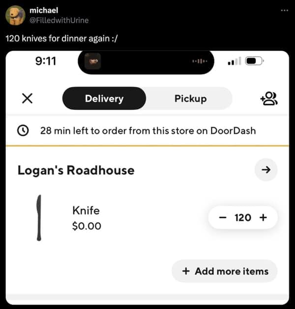 A door dash meme showing an absurd order of 120 knives and zero food from Logan's Roadhouse.