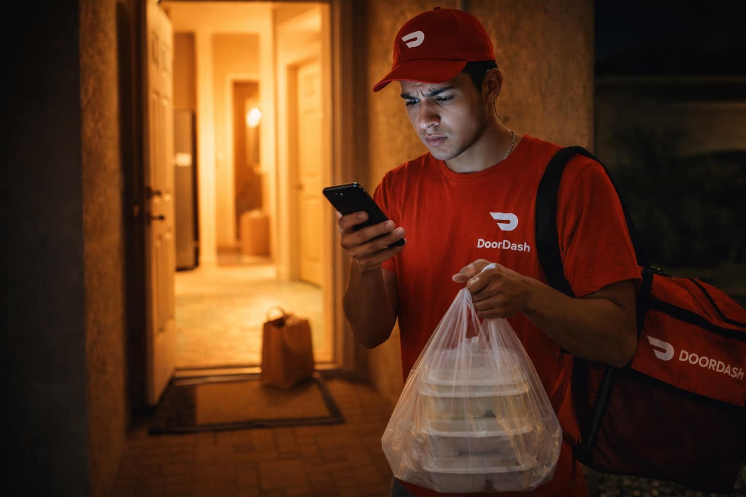 Funny doordash compilation: A collage featuring a delivery driver's defeated reflection in a door, a text message asking "who's a hungry boy," and an absurd order receipt for 120 knives.