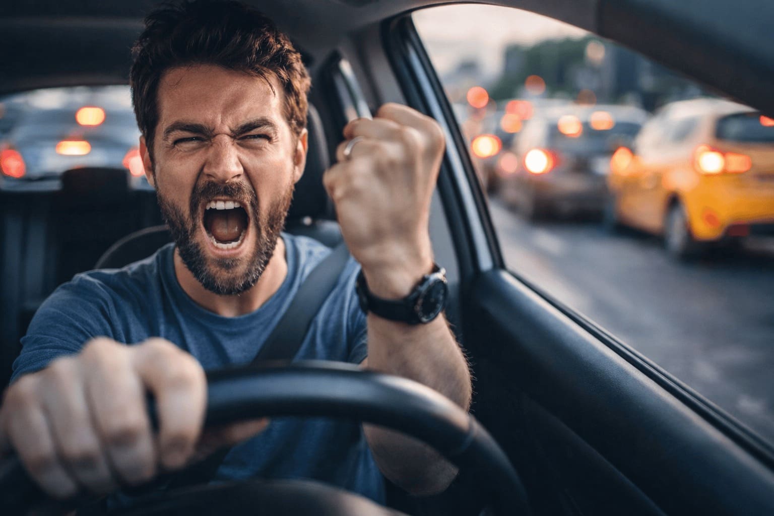 Driving memes compilation: A collage featuring a highly stressful fuel gauge pointing deep below the empty line, an aggressive demand for pedestrians to sprint across the street with their knees to their chest, and a dictatorial list of non-negotiable road trip radio rules.