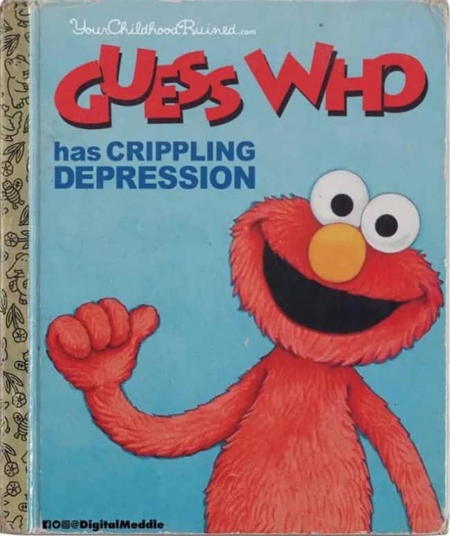 Parody Sesame Street book cover titled "Guess Who has Crippling Depression" featuring a smiling Elmo.