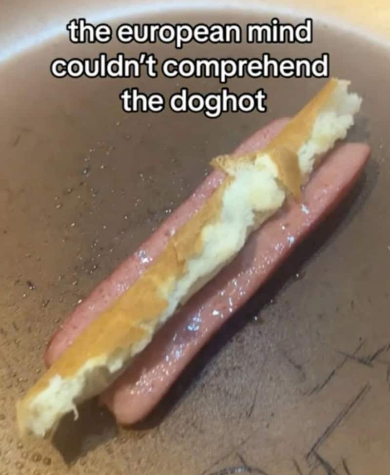 A food meme featuring a cursed image of a "doghot," where the bread is stuffed inside the sausage, captioned about the European mind.