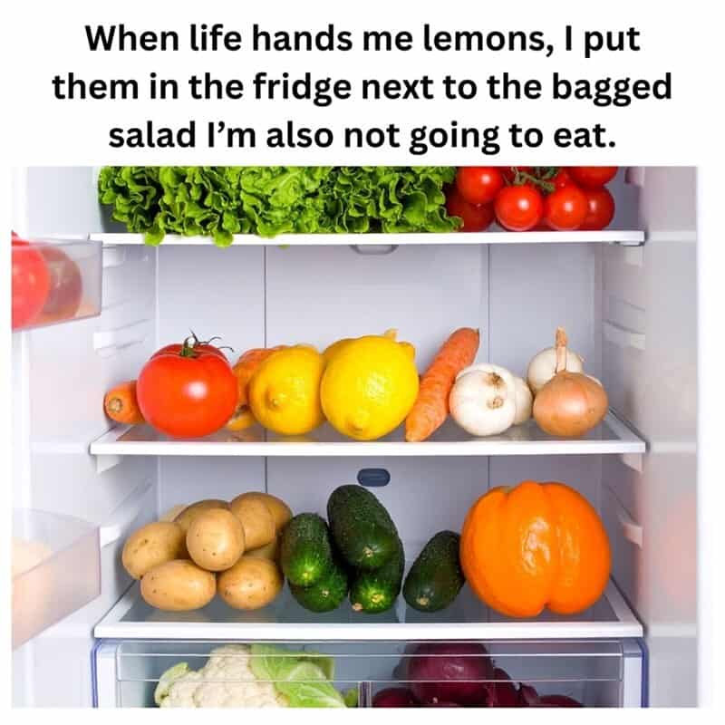 A food meme about the reality of buying produce, where lemons and bagged salad go to the fridge to rot.