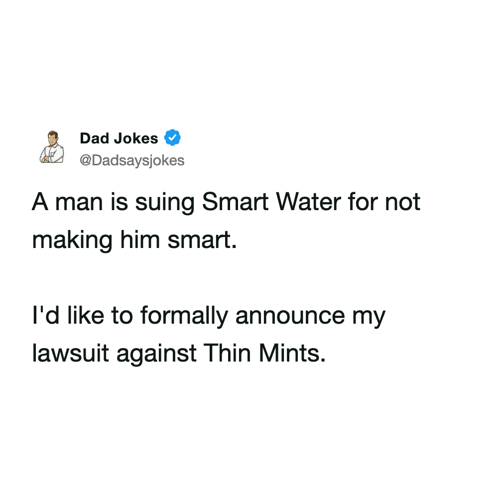 Witty tweet announcing a lawsuit against Thin Mints cookies for not making the consumer thin.
