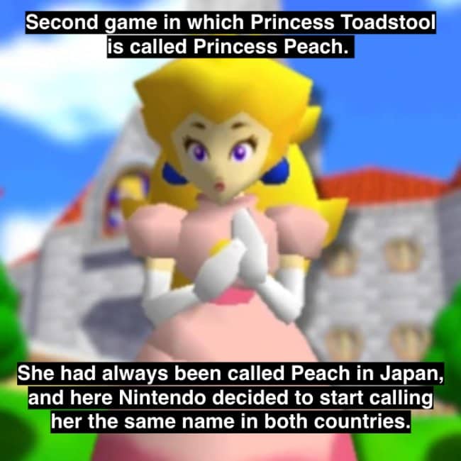 Super Mario 64 Princess Peach character model explaining the history of her name in Japan.