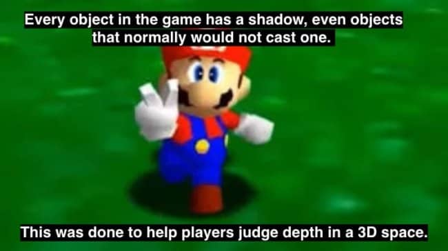 Close up of Mario running with text explaining why every object has a depth-judging shadow.