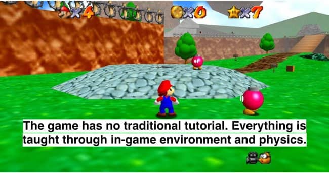 Mario standing in Bob-omb Battlefield highlighting the game's environmental tutorial and physics-based learning.