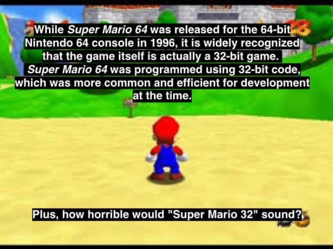 Mario in the castle grounds with text explaining Super Mario 64's 32-bit development code.