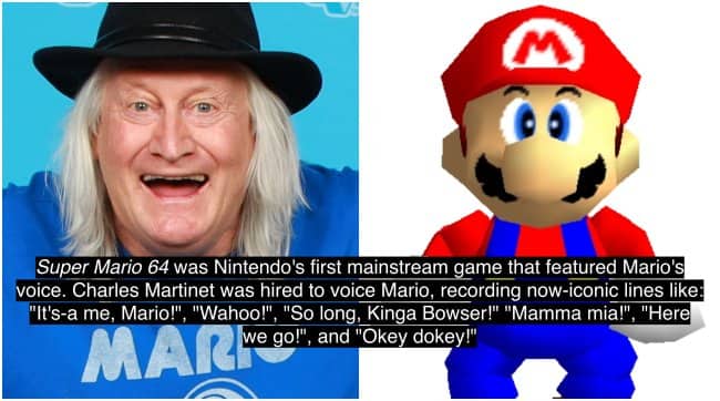 Split screen of voice actor Charles Martinet and low-poly Mario listing iconic catchphrases.