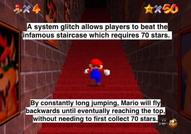 Mario performing the infinite stairs glitch using long jumps to bypass the seventy star requirement.
