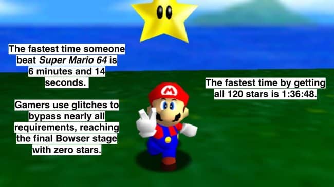 Mario making a peace sign with speedrun world record times for zero and 120 stars.