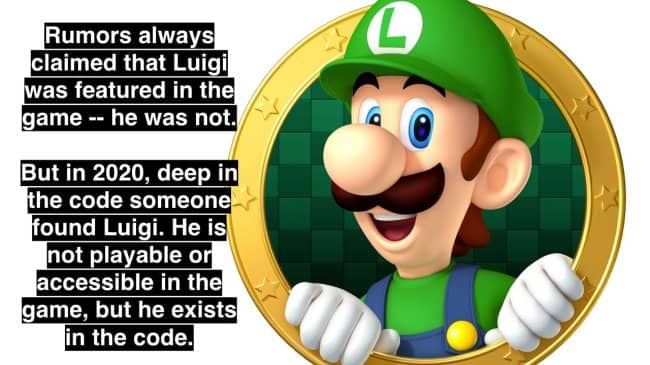 Luigi character render with text regarding his discovery in the 2020 Nintendo source code leak.