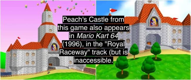 Comparison of Peach's Castle in Super Mario 64 and its appearance in Mario Kart 64.