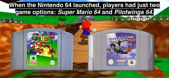 Nintendo 64 game cartridges for Super Mario 64 and Pilotwings 64 shown as launch titles.