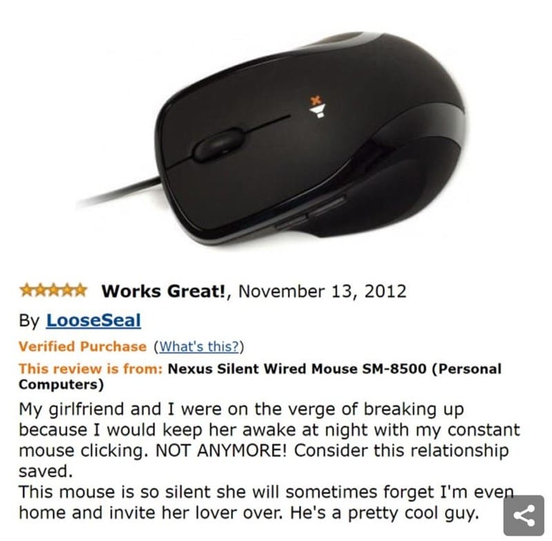A black silent computer mouse with a review about it being so quiet a girlfriend forgets her partner is home.