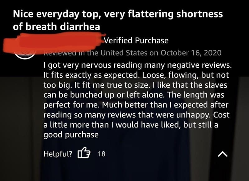 A review for a clothing top with a nonsensical title mentioning "shortness of breath diarrhea."