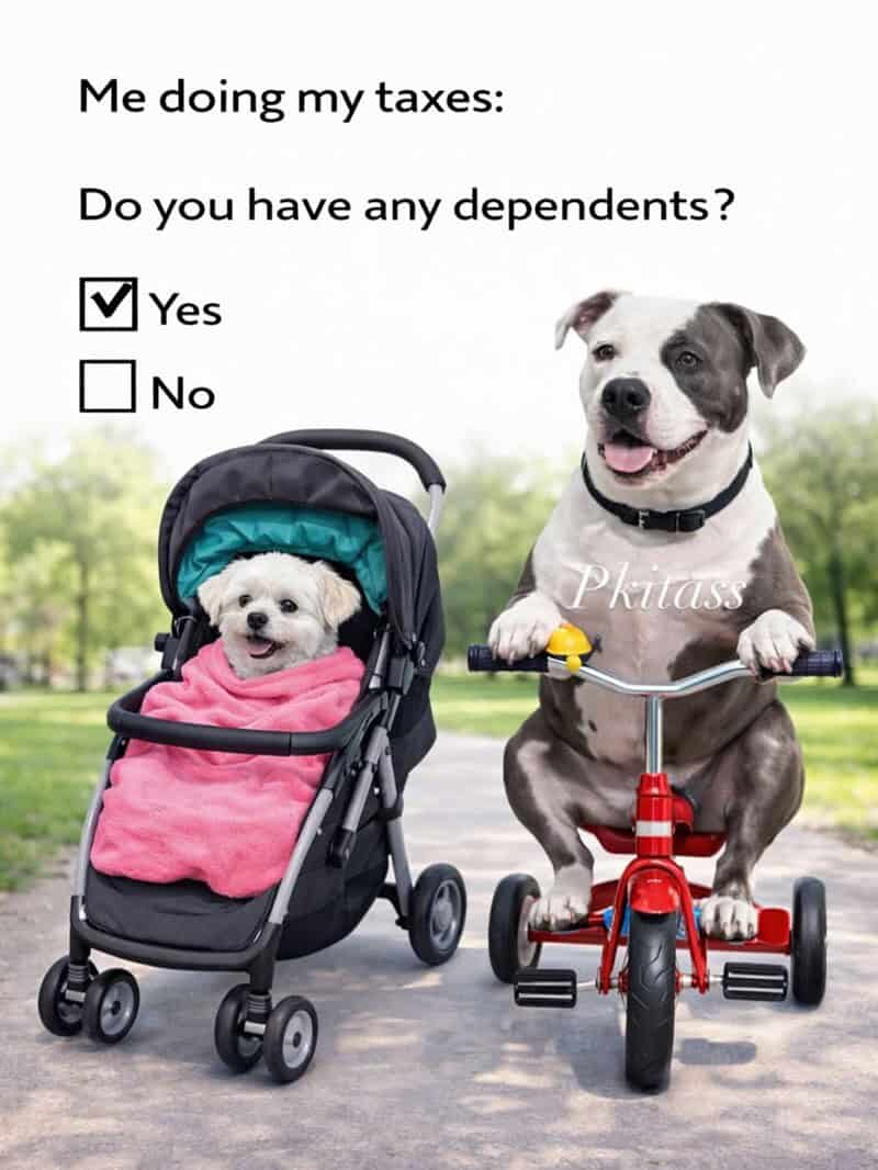 A funny animal meme about taxes showing a dog riding a tricycle pulling a puppy in a stroller to represent claiming "dependents."