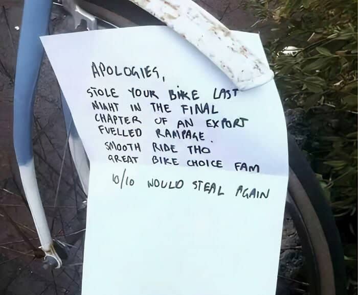 Note left on a bicycle apologizing for stealing it during an export-fuelled rampage the previous night.