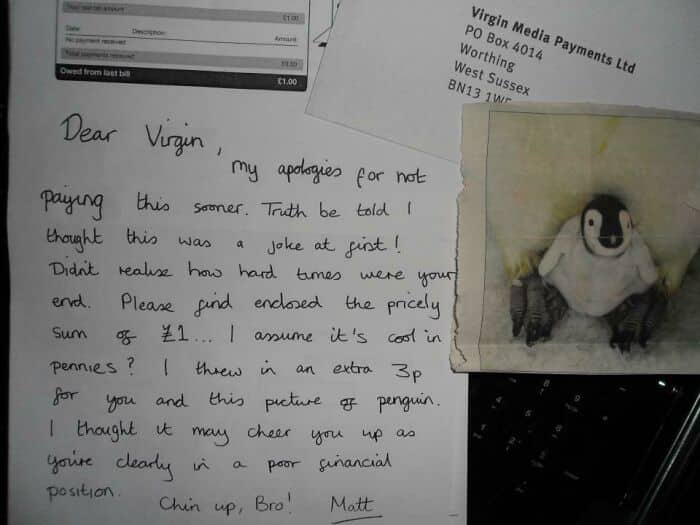 Sarcastic letter to Virgin Media enclosed with a one-pound payment and a picture of a penguin.