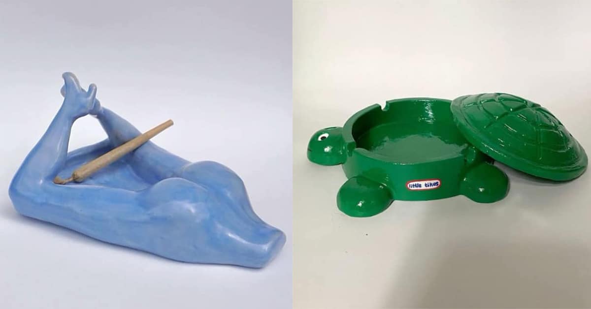 Compilation of unique funny ashtrays including the vintage McDonald's glass, the Little Tikes turtle, and the BoJack Horseman art.
