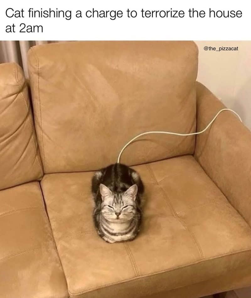 A clever funny cat photo of a tabby cat loafing on a beige couch with a charging cable positioned to look like it is plugged into the cat, captioned "Cat finishing a charge to terrorize the house at 2am."