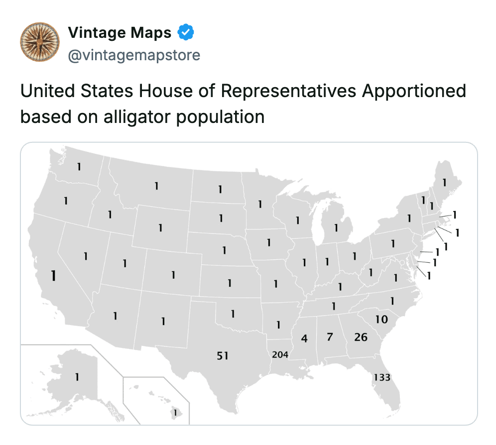 Map of the United States showing House of Representatives apportionment based on alligator population.