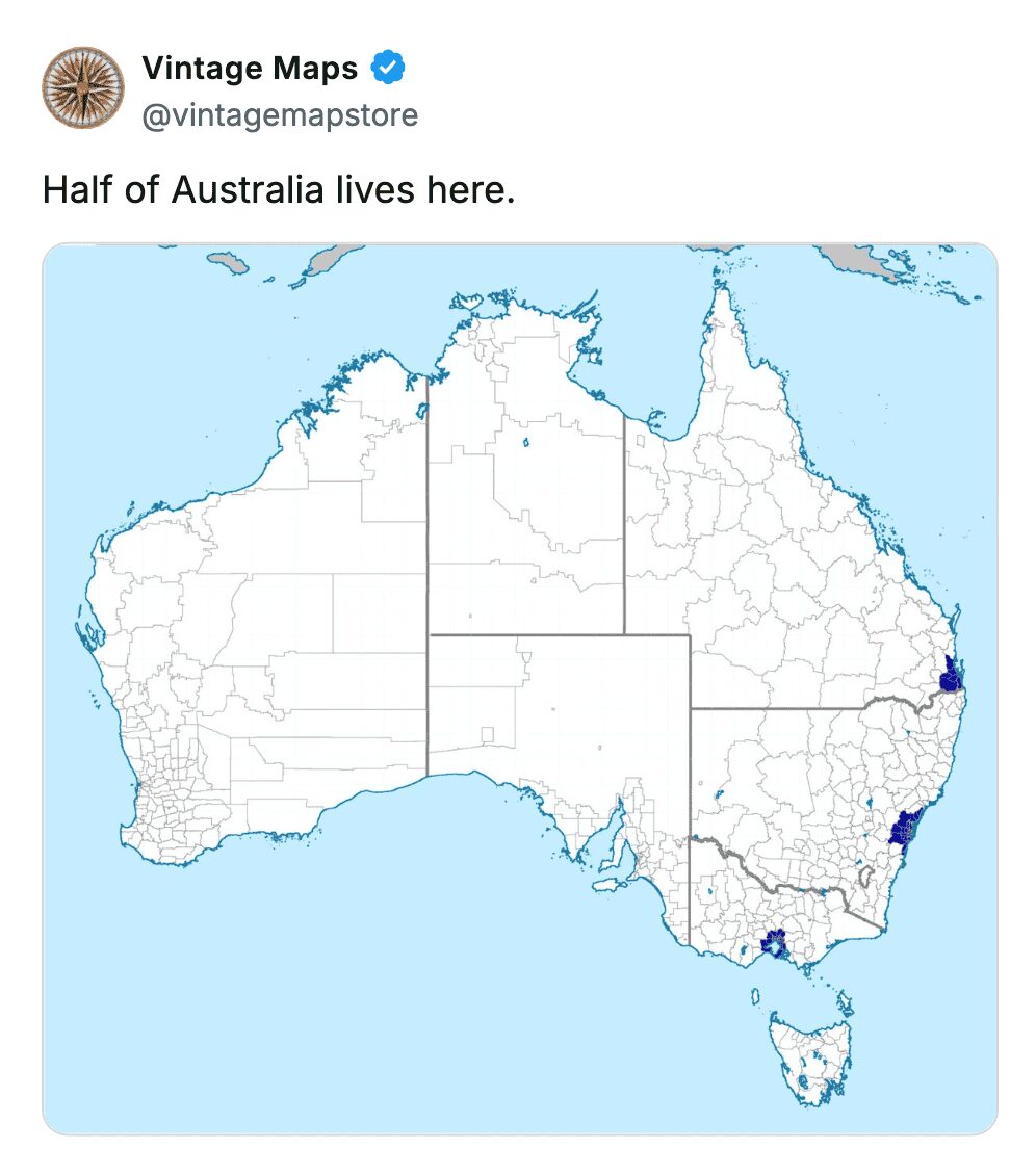 Map of Australia with small blue shaded areas indicating where half of the total population lives.