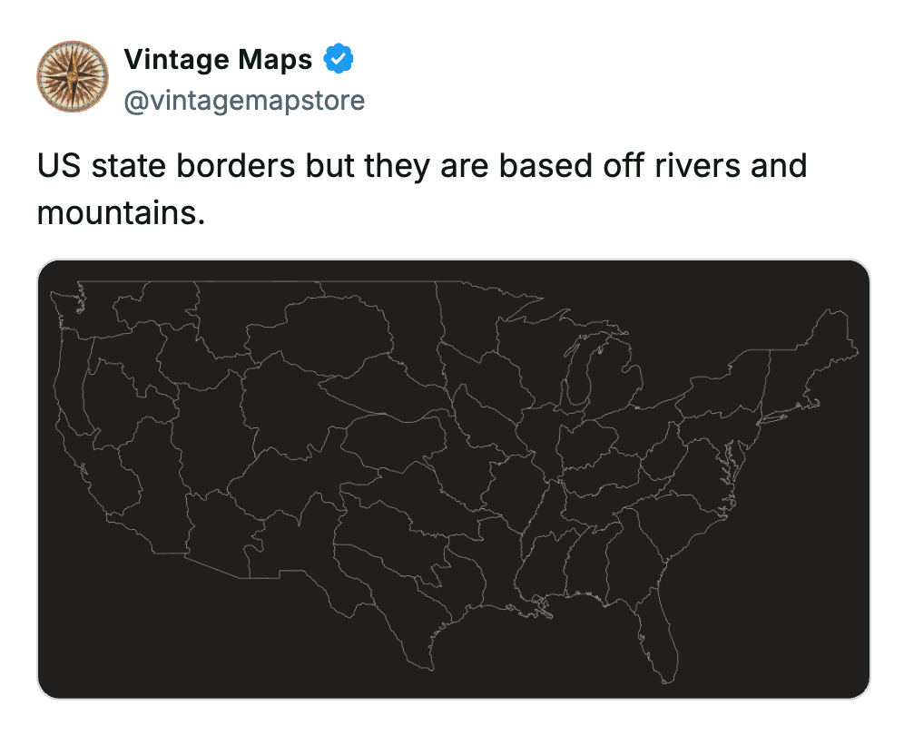 Map of the United States with state borders redesigned based on natural rivers and mountain ranges.