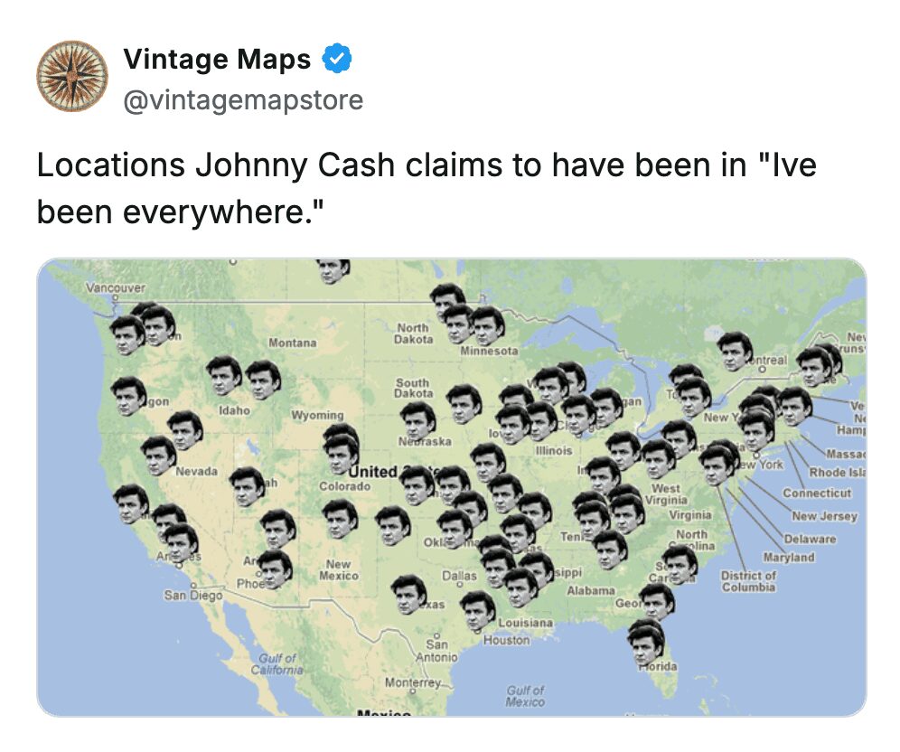 Map of the United States marked with Johnny Cash's face in every location mentioned in his song.