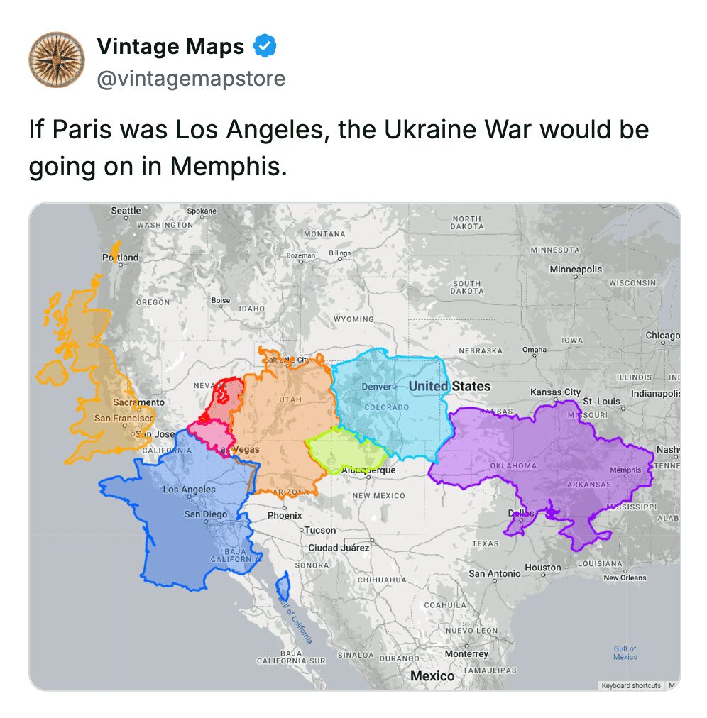 Overlay map comparing European countries to US regions, showing Paris at Los Angeles and Ukraine at Memphis.