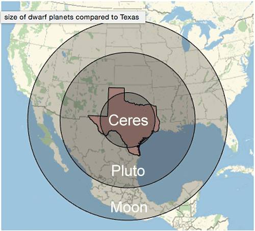 Diagram comparing the size of dwarf planets Ceres and Pluto and the Moon to the state of Texas.