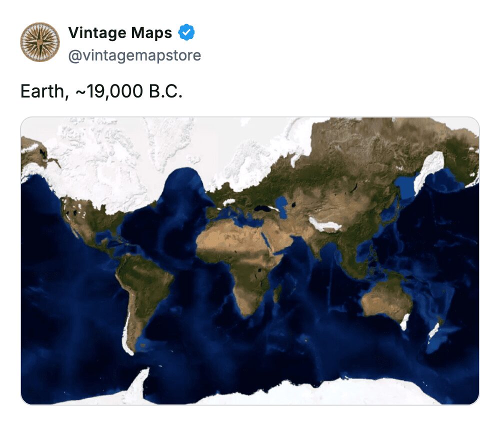 Reconstructed world map showing the Earth’s landmasses and coastlines approximately in 19,000 B.C.