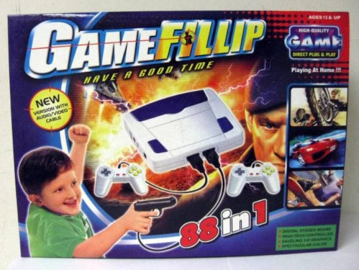 Game Fillip video game console box showing a fake PlayStation paired with retro controllers. Classic funny knock offs.