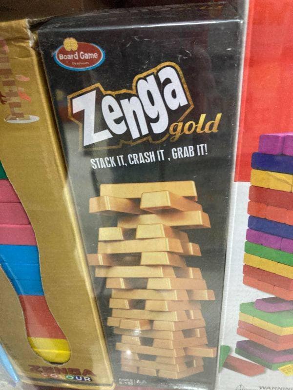 Zenga Gold board game box showing stacked gold bars. A bootleg version of the popular block stacking game Jenga.