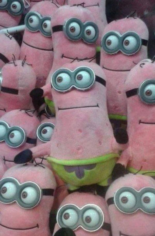 Bizarre plush toys blending pink Patrick Star from Spongebob with Minion goggles. A weird funny knock off product.