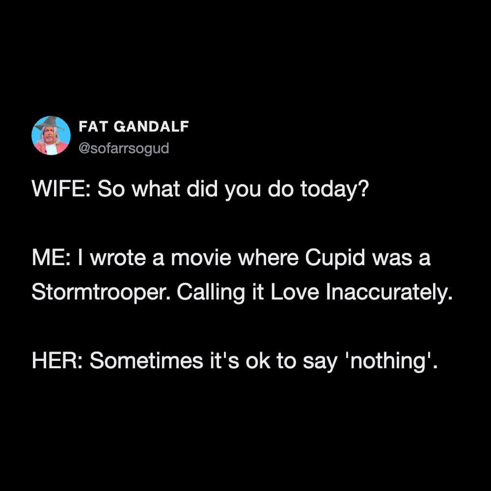 One of the best funny marriage tweets showing a husband enthusiastically pitching his terrible "Cupid was a Stormtrooper" movie idea called "Love Inaccurately," prompting his wife to bluntly reply, "Sometimes it's ok to say 'nothing'".