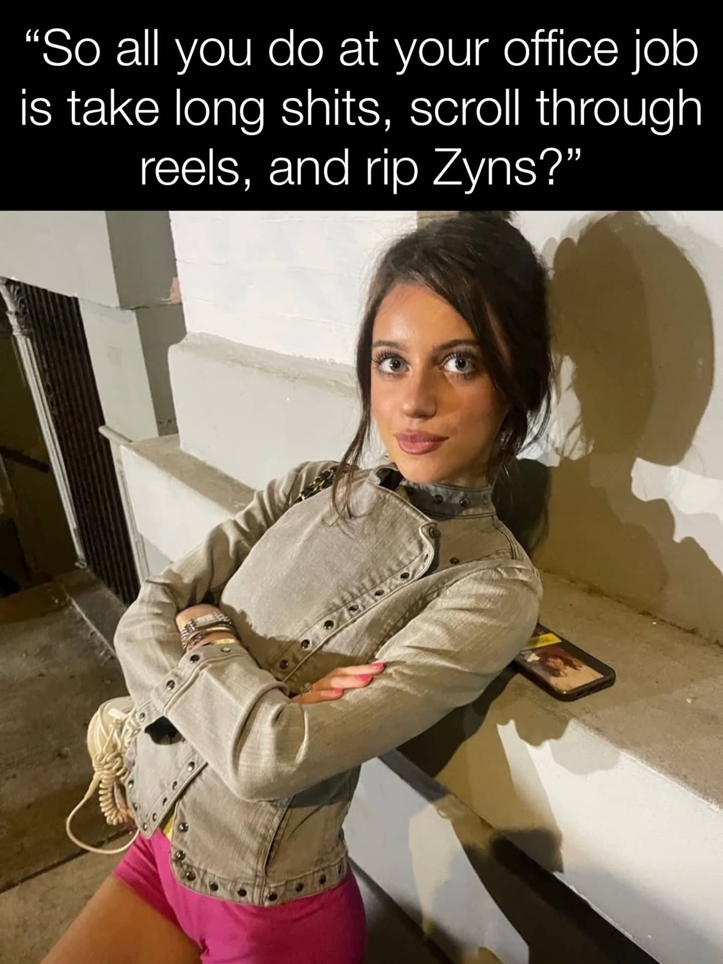 Relatable office job meme about scrolling reels and taking long breaks while looking unimpressed.